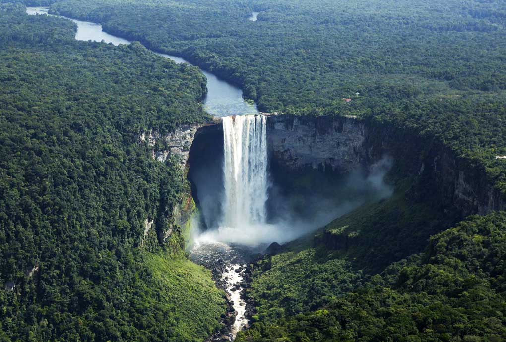 An aerial view of Kaieteur Falls in southern Guyana. Located on the Pitaro Rivers, Kaieteur Falls is considered one of the most powerful in the world when combining the height of the main plunge of 741 feet , with the great volume of water.