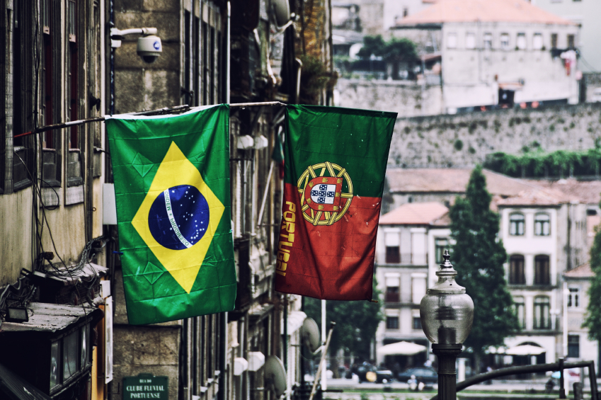 Brazil and Portugal flags at Porto street, Portugal