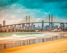 City of Natal beach with Navarro Bridge, Brazil- vintage look