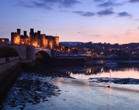 Conwy castle at dusk in north Wales UK