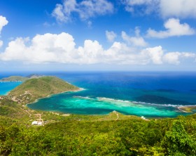 Aerial landscape of beautiful tropical coast of Virgin Gorda island at Caribbean