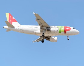 MADRID, SPAIN - MAY 23th 2015: Aircraft -Airbus A319-111-, of -TAP Portugal- airline, landing on Madrid-Barajas -Adolfo Suarez- airport, on May 23th 2015.