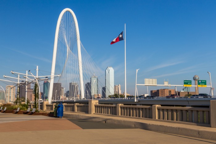 Dallas downtown skyline and Margaret hut hills bridge from Continental bridge park, Texas