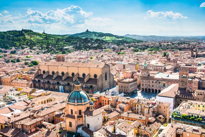 Bologna,Italy-May 17,2014:panorama of Bologna view from the famous "Asinelli" tower located in the centre of the city.You can see the dome of St. Petronio and the central main square.