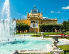 Zagreb, Croatia, June 2nd, 2015: Art pavilion and fountain in Zagreb capital of Croatia, popular destination for tourists in center of Zagreb.