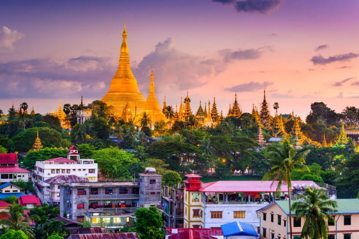 Yangon, Myanmar skyline at Shwedagon Pagoda.