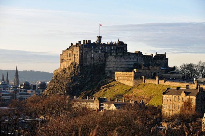 Edinburgh Castle, Scotland, from the south east, in the late afternoon, the facade catching the golden winter light