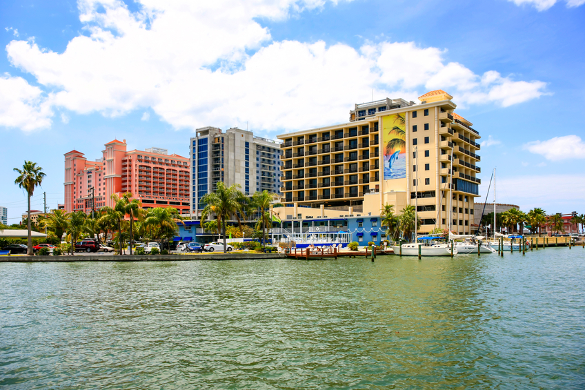Clearwater, FL, USA - April 21, 2016: Waterfront hotels at Clearwater beach and marina in Florida