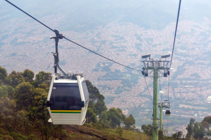 View of cable car high above Medellin, Colombia
