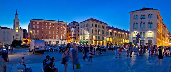 Split, Croatia - May 1 2016: City of Split square evening panorama, Dalmatia, Croatia. Many tourists visit famous new Riva waterfront. It is a part of Diocletian palace, UNESCO world heritage site.