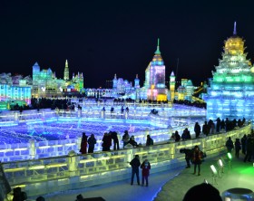 Harbin, China, 02/04/2014, International Ice Festival at night. Different illuminated iced sculptures displayed in the northeastern city of Harbin, China during their winter festival.