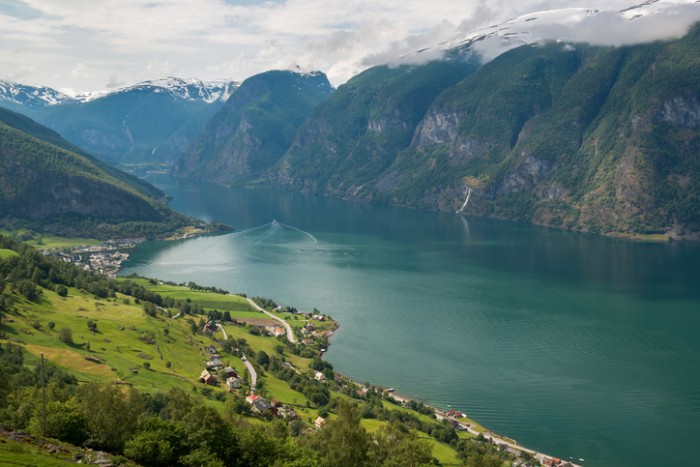 Panoramic view to the fjord from viewpoint on National Tourist Route Aurlandsfjellet, Norway