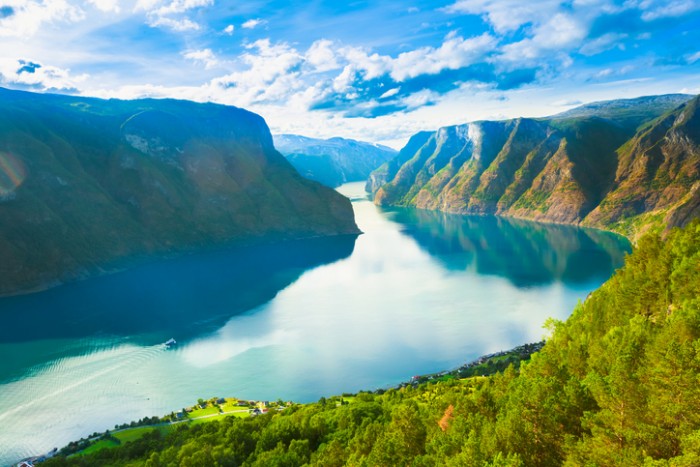 Norway Nature Fjord, Summer Sognefjord. Sunny Day, Landscape With Mountain, Pure Water Lake, Pond, Sea