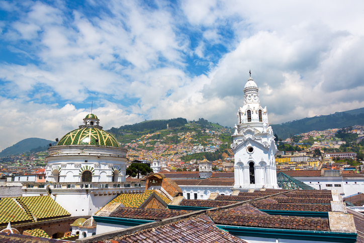 View from the roof of the cathedral with populated hills visible in the background in the historic colonial center of Quito, Ecuador