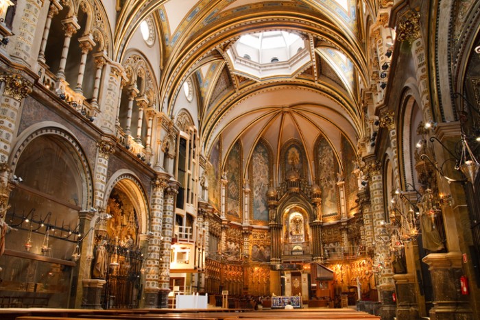 Basilica at the Montserrat Monastery, a spectacularly beautiful Benedictine Abbey high up in the mountains near Barcelona, Catalonia, Spain.