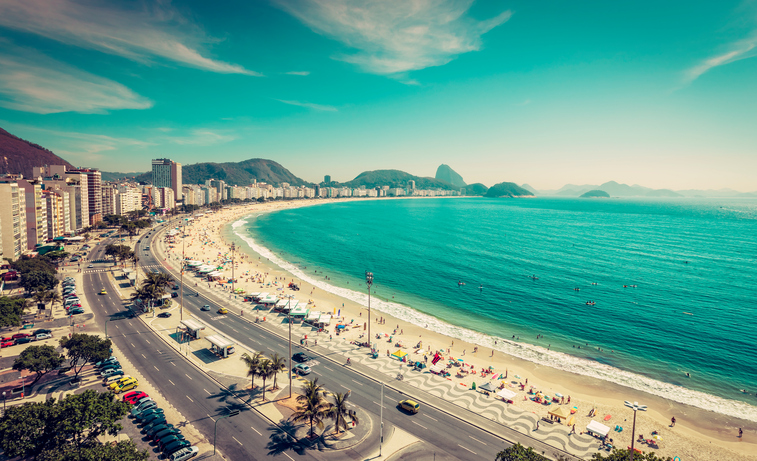 Copacabana Beach and Sugar Loaf Mountain aerial view in Rio de Janeiro,Brazil. Vintage colors