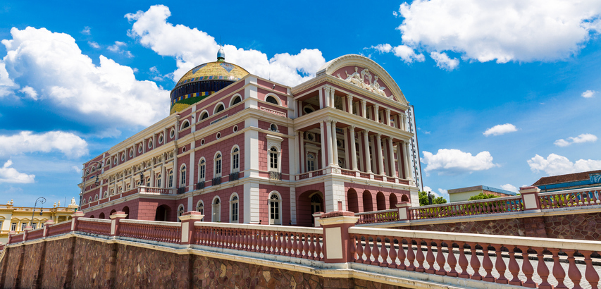 Manaus, Brazil - September 8, 2015: The Amazon Theatre located in Manaus, in the heart of the Amazon rainforest in Brazil. It is the location of the annual Festival Amazonas de Ópera (Amazonas Opera Festival) and the home of the Amazonas Philharmonic Orchestra which regularly rehearses and performs at the Amazon Theater along with choirs, musical concerts and other performances.