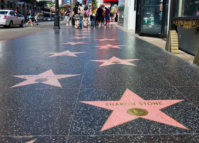 "Hollywood, USA - September 4, 2011: Sharon Stone's star on the Hollywood Walk of Fame. Located on Hollywood Boulevard and is one of 2400 celebrity stars made from marble and brass."