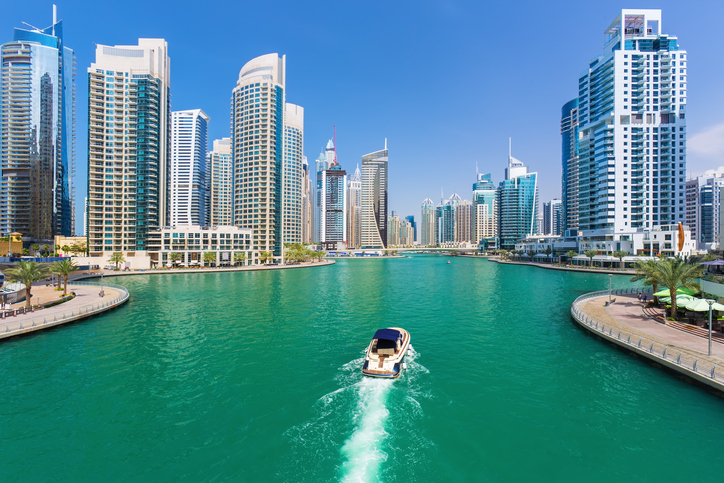 Futuristic buildings in luxury Dubai Marina,United Arab Emirates