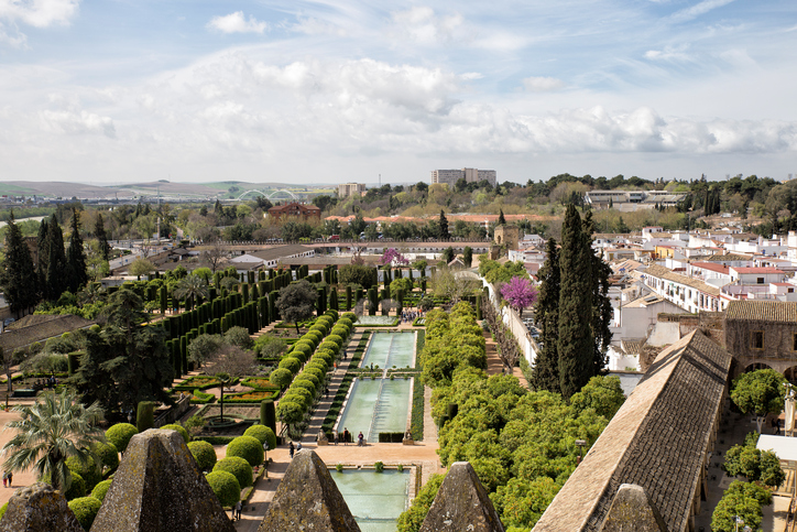 Cordoba,Spain-March 21,2017:view on top of alcazar famous gardens in Cordoba city, Spain