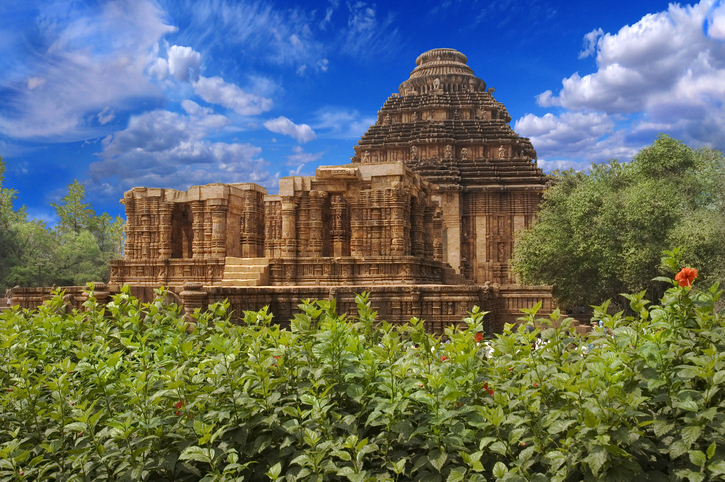 View of the temple of the sun within trees, Konark, India. The view from the rear