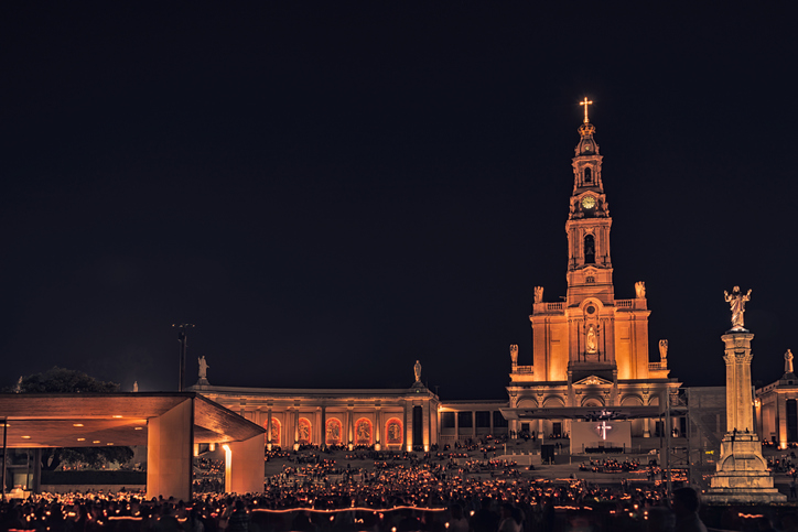 Night photograph of the Sanctuary of Fatima, altar of the catholic word.Portugal