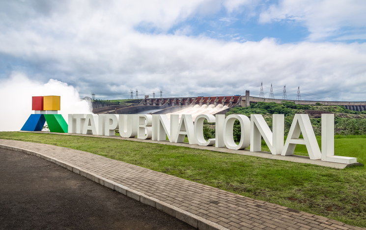 Foz Do Iguacu, March 2015: Spillway at Itaipu Dam sign - Brazil and Paraguay Border
