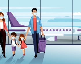 Family with two kids in medical protection masks in airport terminal. Vector illustration. Traveling by airplane during outbreak of coronavirus epidemic. Prevention of seasonal flu disease concept