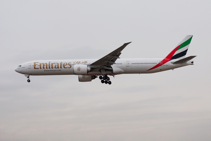 2012: Emirates airlines Boeing 777-300ER A6-ECG passenger plane landing at Frankfurt Airport