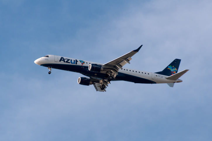 Rio de Janeiro, Brazil - October 8, 2015: Azul airlines aircraft Embraer 195 is taking off from Santos Dumont airport in Rio de Janeiro. Azul is Brazilian low cost carrier.