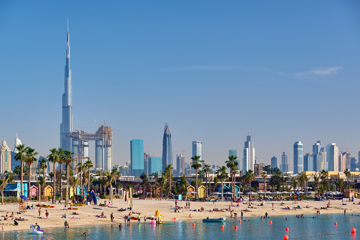 DUBAI - MARCH 26, 2018: Dubai daytime skyline and La Mer beach in United Arab Emirates