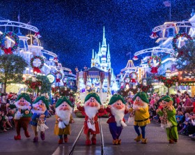 Dressed in their holiday finest, the Seven Dwarfs parade down Main Street, U.S.A., at Magic Kingdom during "Mickey's Once Upon a Christmastime Parade." The festive processional is one of the happy highlights of Mickey's Very Merry Christmas Party, a night of holiday splendor with lively stage shows, a unique holiday parade, Holiday Wishes: Celebrate the Spirit of the Season nighttime fireworks, and snow flurries on Main Street, U.S.A. The special-ticket event takes place on select nights in November and December in Magic Kingdom at Walt Disney World Resort in Lake Buena Vista, Fla. (Ryan Wendler, photographer)