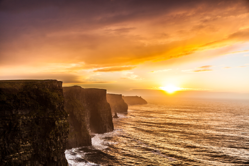 Famous cliffs of Moher at sunset in Co. Clare Ireland Europe. Beautiful landscape natural attraction.