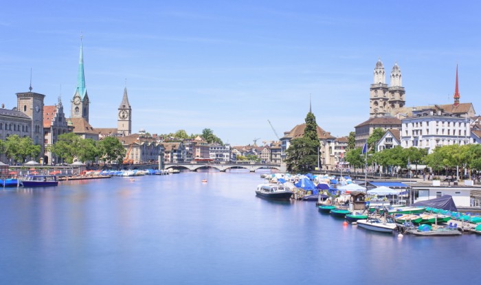 Zurich, Switzerland - view along the Limmat river in summer