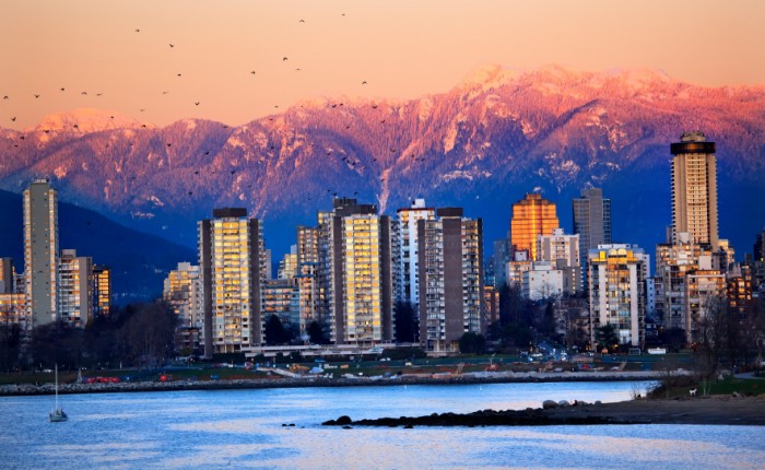 Vancouver Skyline Harbor High Rises Sailboat Birds English Bay From Jericho Beach Snow Mountains Sunset British Columbia Pacific Northwest