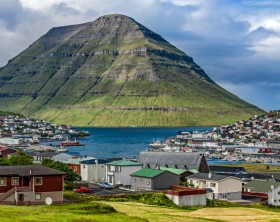 Panoramic View of the city of Klaksvik, Faroe Islands, Denmark, in the North Atlantic.