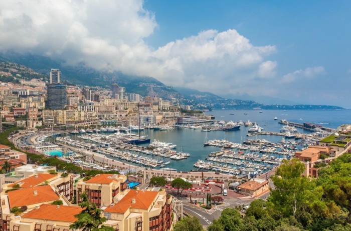 View of famous Hercules Port and surrounding buildings in Monte carlo, Monaco.