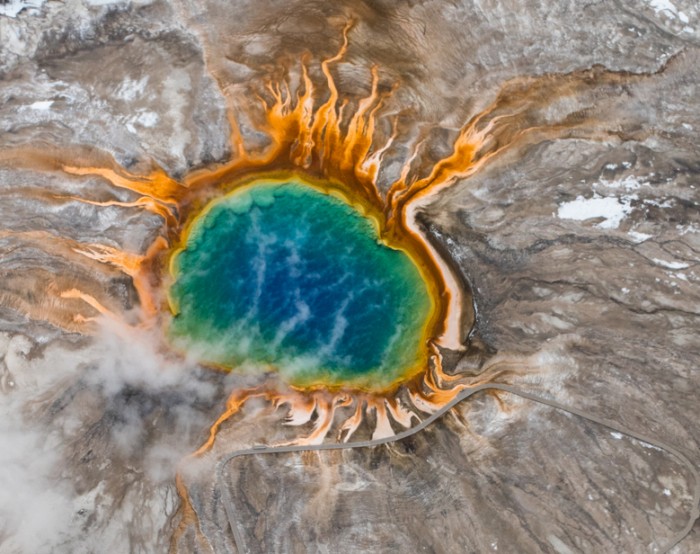 colorful grand prismatic  hot spring in yellowstone national park aerial