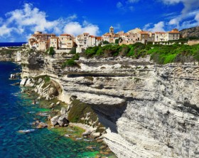 panorama of Bonifacio, old town at sea cliff, Corsica - France