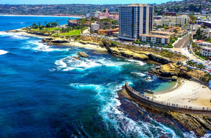 Aerial view from ocean looking back at La Jolla and Children's Pool