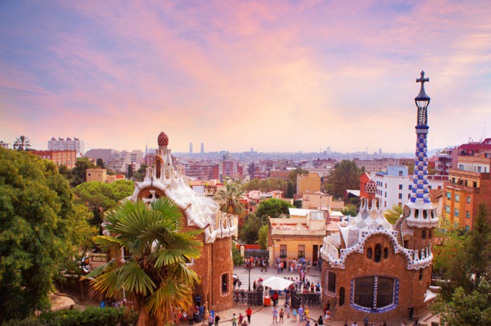 Park Guell in Barcelona at sunset, Spain
