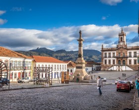 Ouro Preto, Brazil - December 2, 2014: Street scene of Teradentes Square The centre of The city  with typical architecture ,UNESCO world heritage city center of Ouro Preto in Brazil