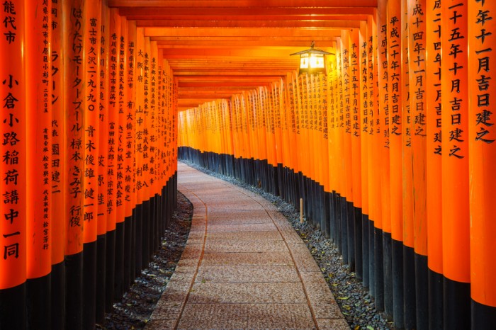 Kyoto, Japan - March 29, 2015: Torii gates in Fushimi Inari Shrine.