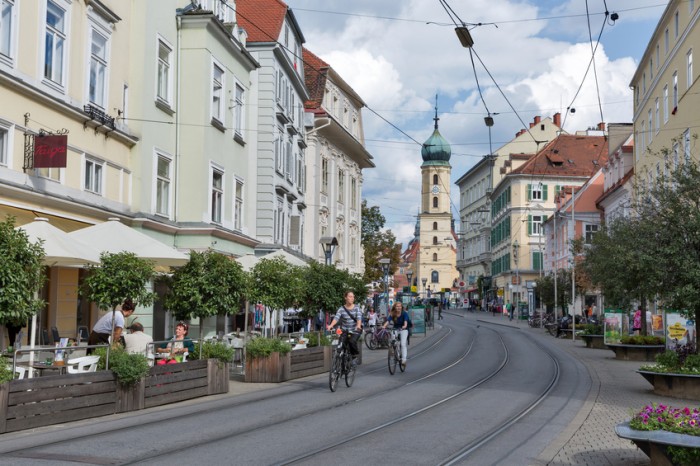 Graz, Austria - September 11, 2015: Unrecognized people on the Sudtiroler Platz.