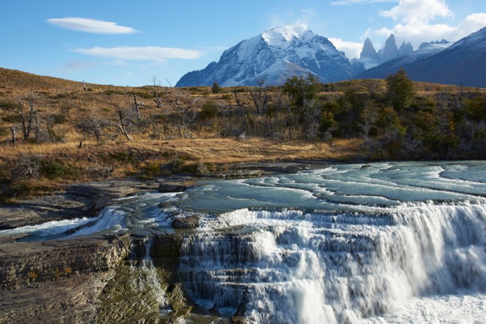 The waterfall "Cascada Paine" on the River Paine in Torres del Paine National Park in the Magallanes region of southern Chile.