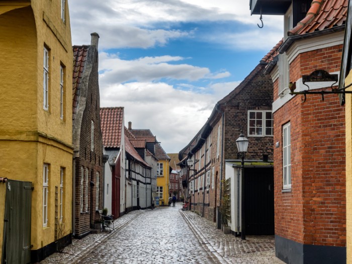 Homes on cobbled streets in Ribe in Denmark