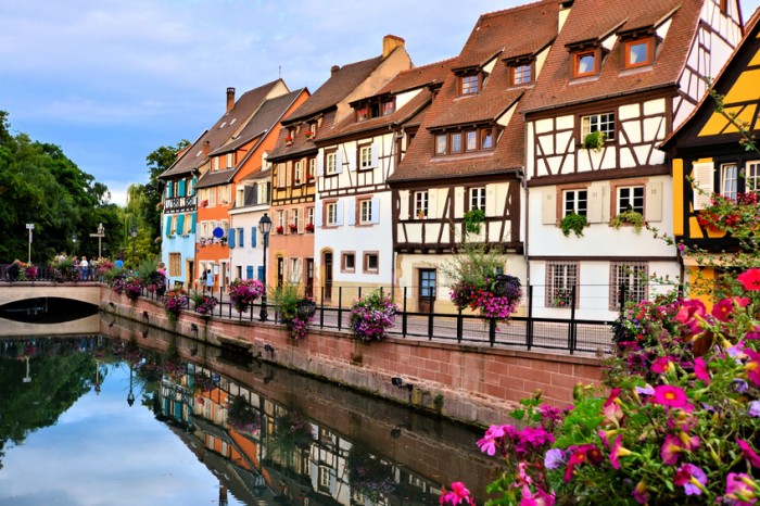 Beautiful canals of Colmar, Alsace, France with late day reflections