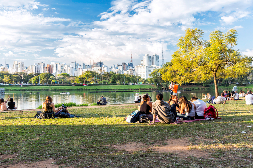 Sao Paulo, Brazil - August 3, 2014: People enjoying a beautiful day in Ibirapuera Park in Sao Paulo, Brazil