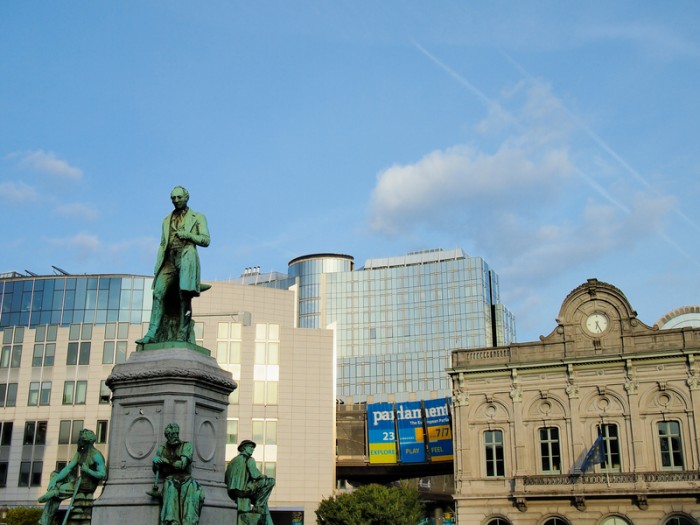 Brussels, Belgium - September 20, 2012: Unidentified people in front of the European Parliament Building in Brussels.