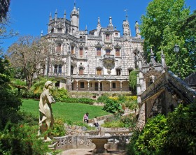 Sintra,Portugal - May 01, 2009: Majestic view with ornate palace Regaleira and beautiful garden in Sintra,Portugal.